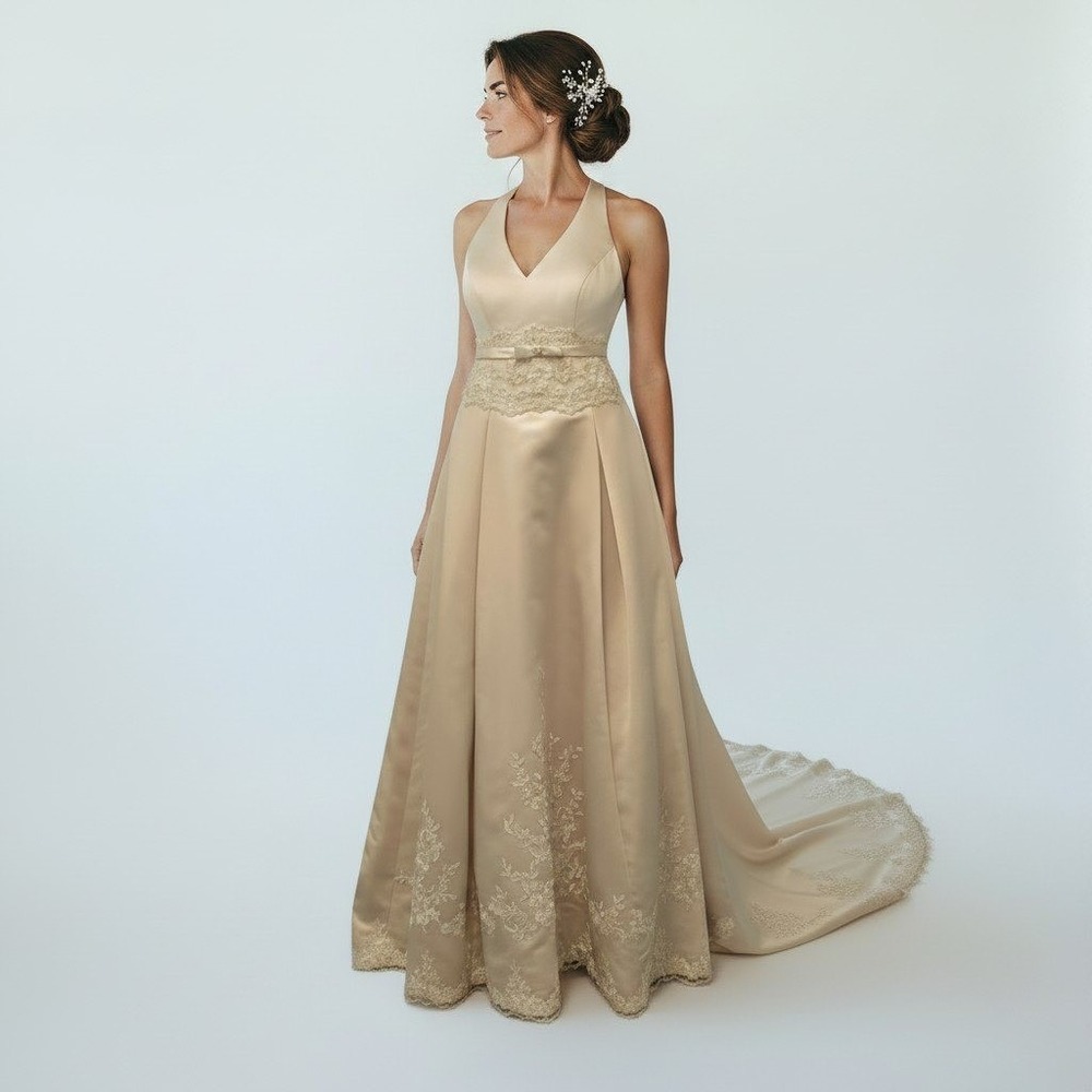 Vintage Style Champagne Satin Wedding Dress Size 6 Corset Back Bridal Gown